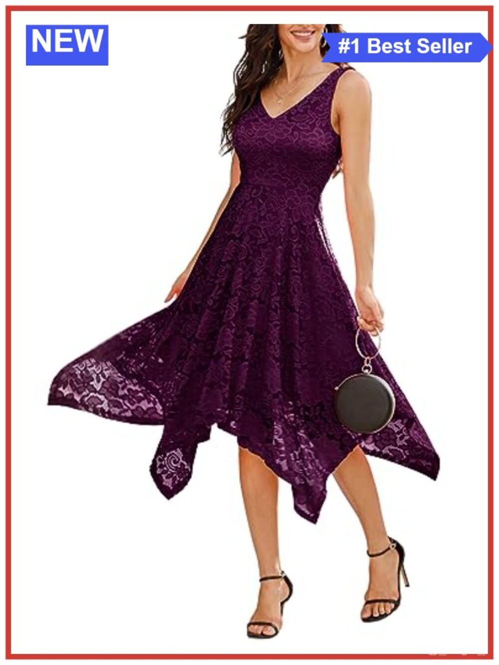 Lace Cocktail Dress Handkerchief Hem V-Neck Sleeveless Fit Flare Midi
